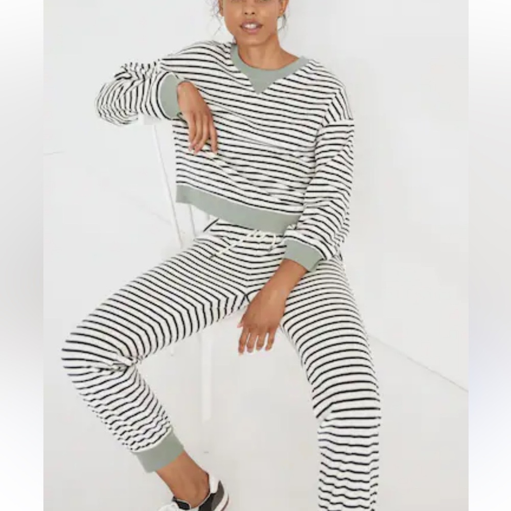 Madewell Black & White Striped Pajama Lounge Set with Sage Trim